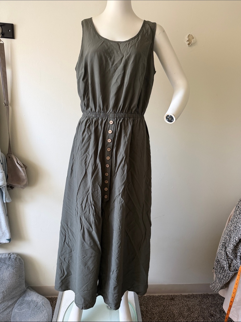 Sleeveless Olive Maxi Dress with Button-Front Detail